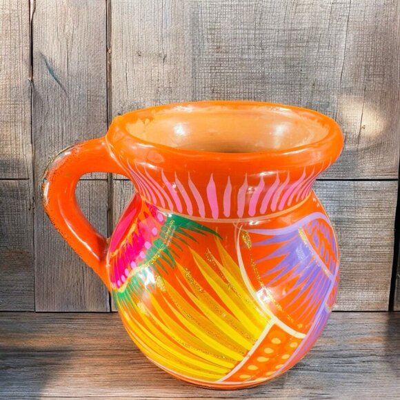 Mexico Tonala Pottery RedWare Coffee Mug Cup Jarrito Hand Painted Birds Vintage - Picture 2 of 13